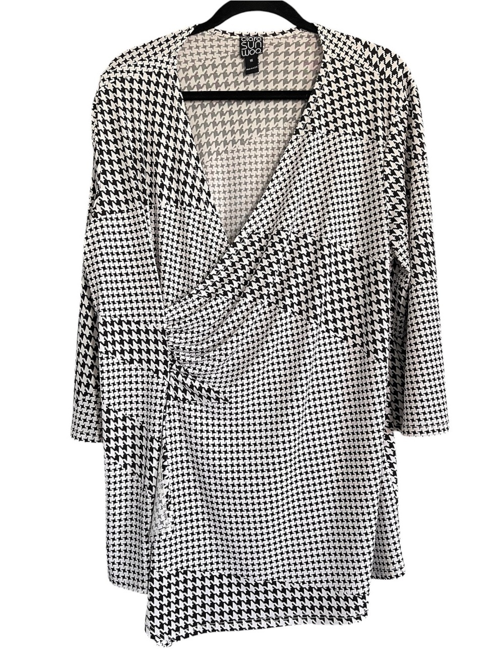 Clara Sun Woo Houndstooth Wrap-Style Top - Black & White - Size XL